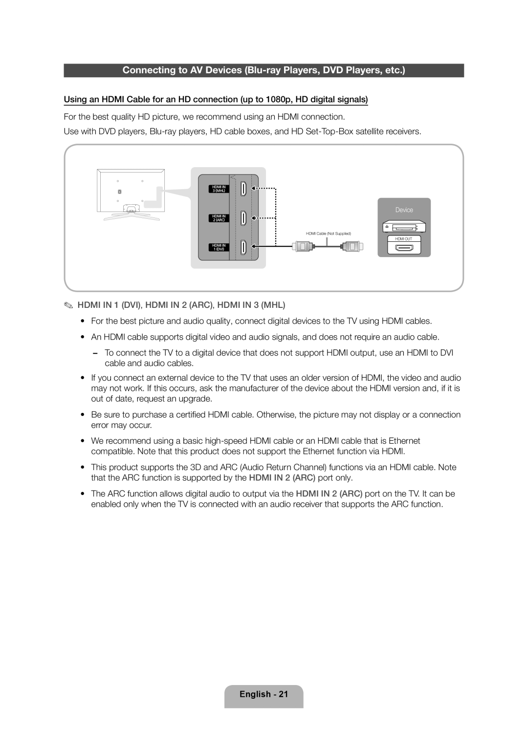 Samsung 8000 Connecting to AV Devices Blu-ray Players, DVD Players, etc, Hdmi in 1 DVI, Hdmi in 2 ARC, Hdmi in 3 MHL 