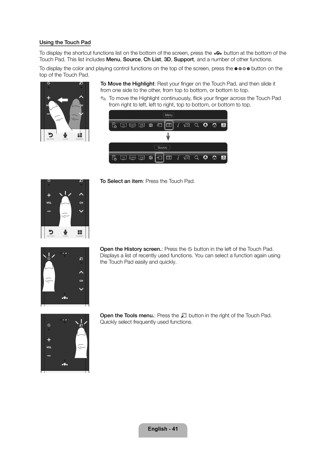 Samsung 8000 user manual To Select an item Press the Touch Pad 