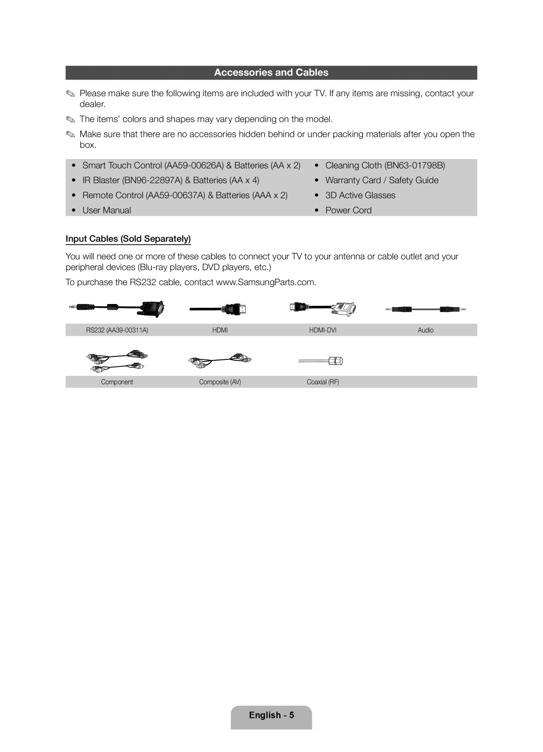 Samsung 8000 user manual Accessories and Cables 