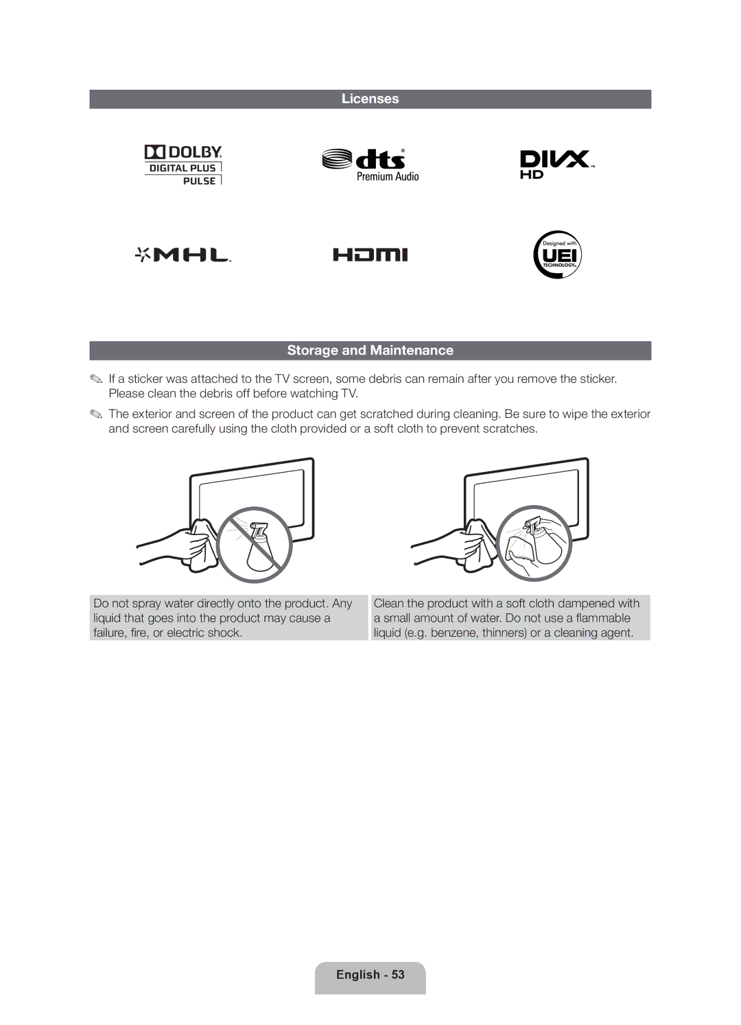 Samsung 8000 user manual Licenses Storage and Maintenance 