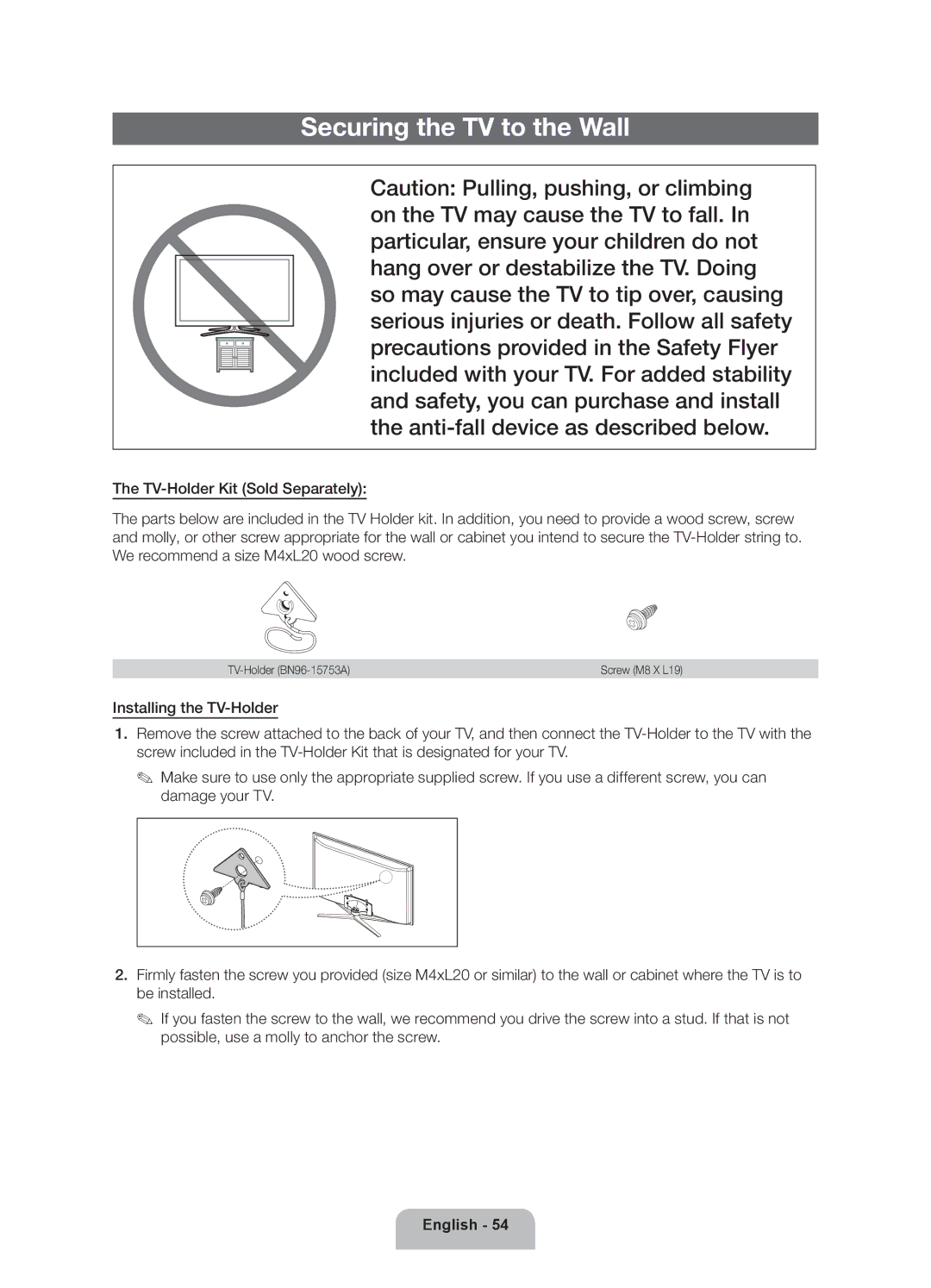 Samsung 8000 user manual Securing the TV to the Wall 