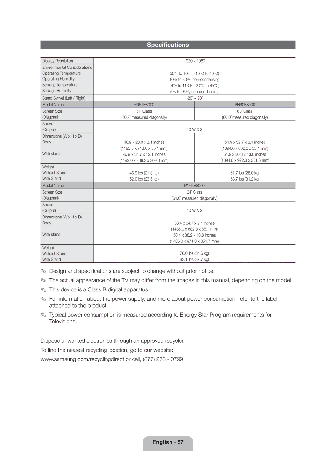 Samsung 8000 user manual Specifications, Dimensions W x H x D Body 