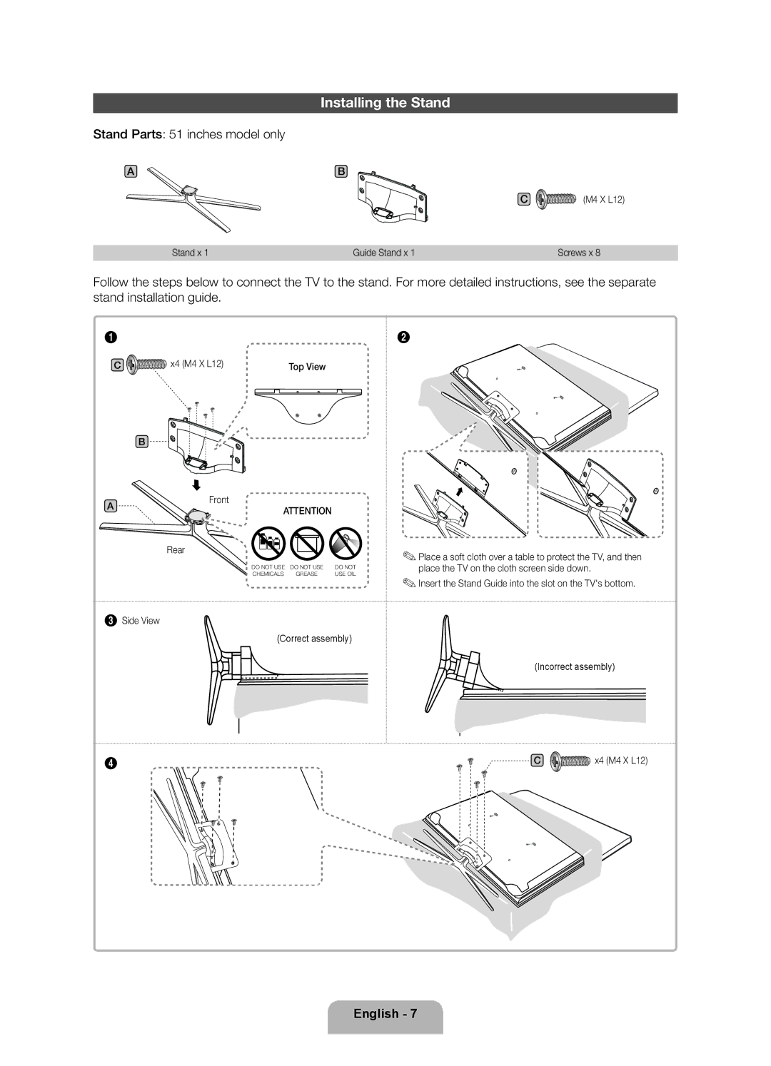 Samsung 8000 user manual Installing the Stand, Side View Correct assembly 