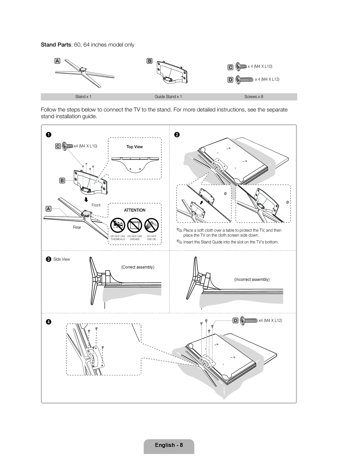 Samsung 8000 user manual Stand Parts 60, 64 inches model only 