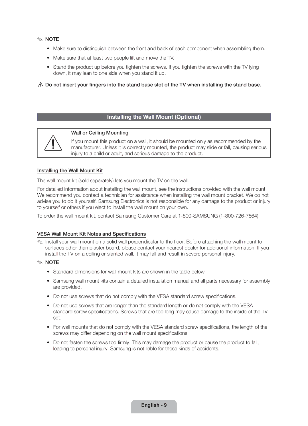 Samsung 8000 user manual Installing the Wall Mount Optional 