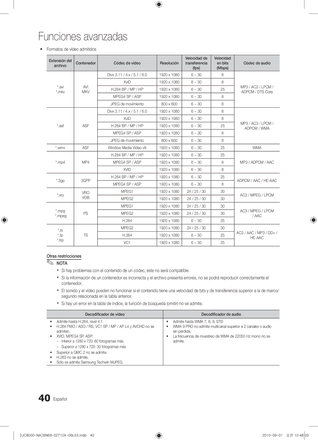 Samsung 8000 user manual Formatos de vídeo admitidos, Otras restricciones, Extensión del Velocidad de, Admiten Sin pérdida 