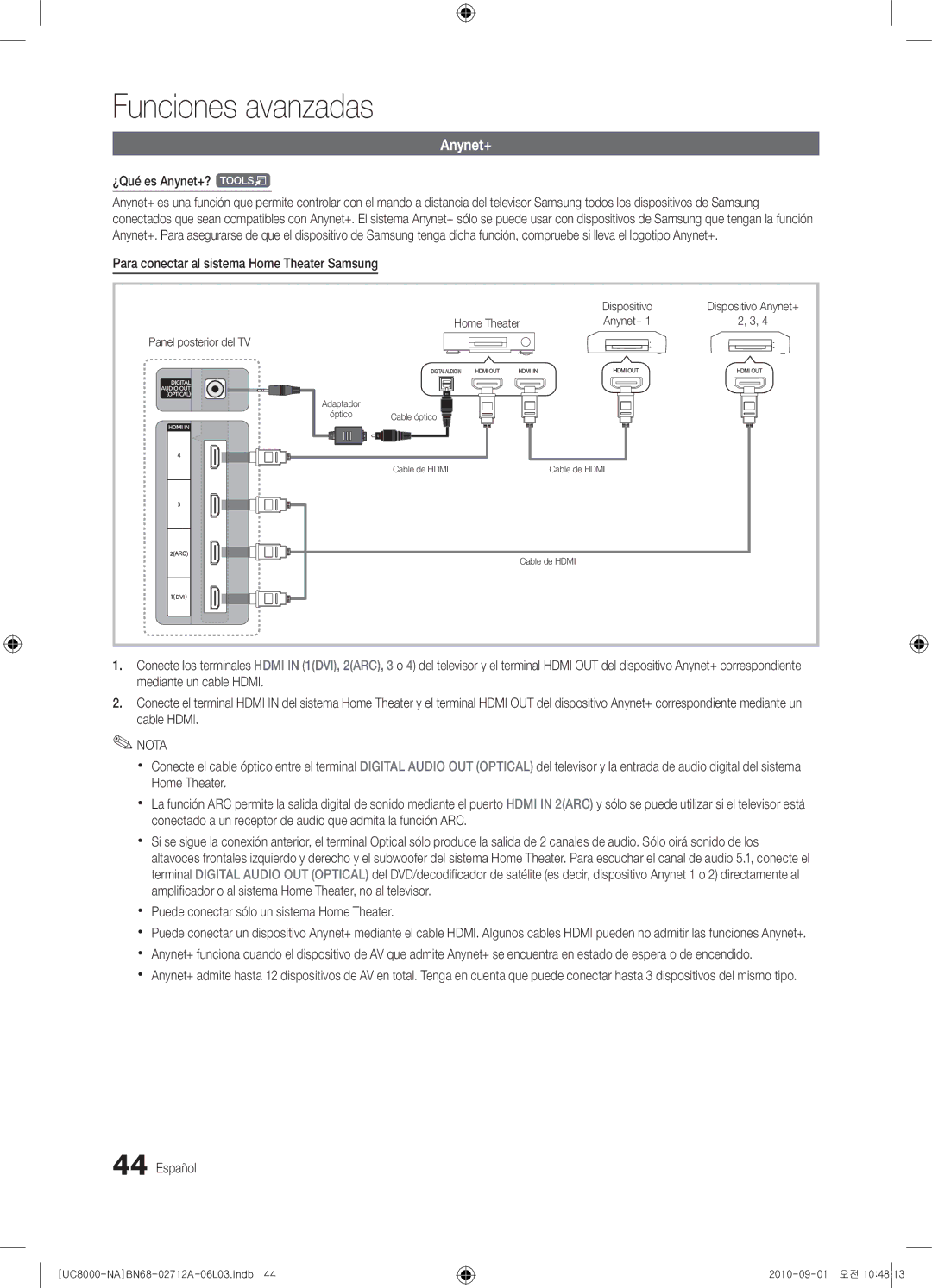 Samsung 8000 user manual ¿Qué es Anynet+? t, Para conectar al sistema Home Theater Samsung, Dispositivo 