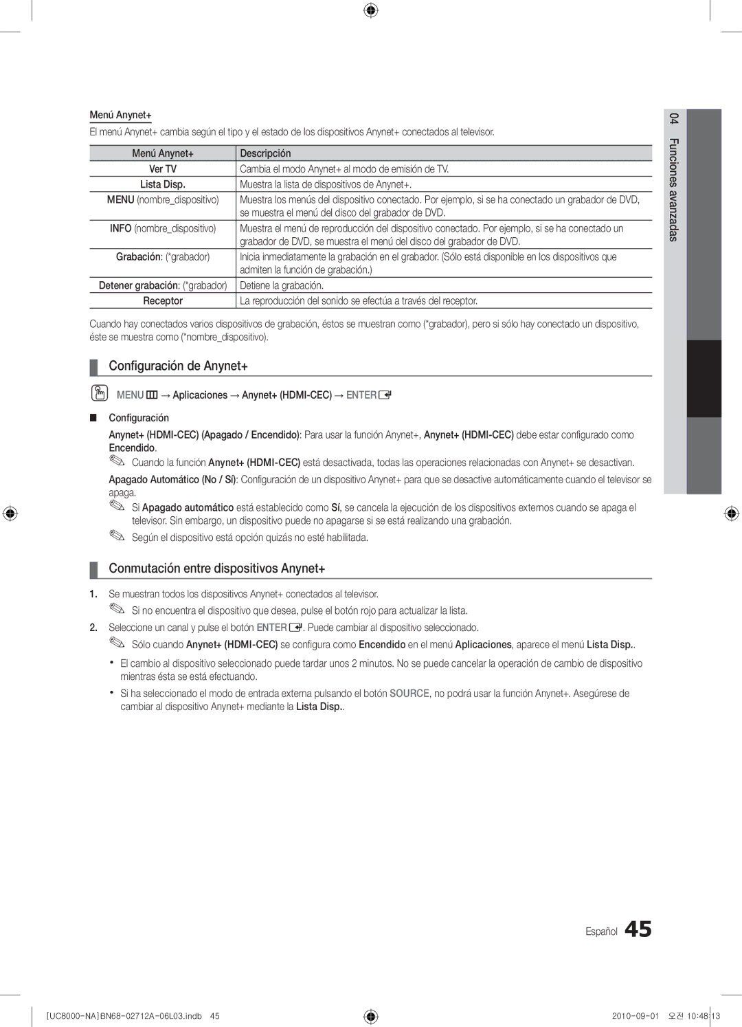 Samsung 8000 user manual Conﬁguración de Anynet+, Conmutación entre dispositivos Anynet+ 