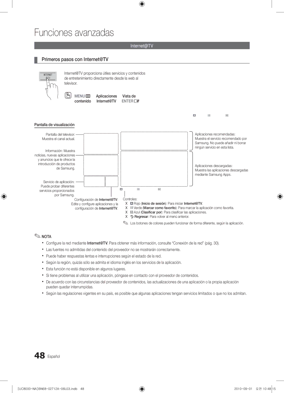 Samsung 8000 user manual Primeros pasos con Internet@TV, MENUm Aplicaciones Vista de Contenido Internet@TV 