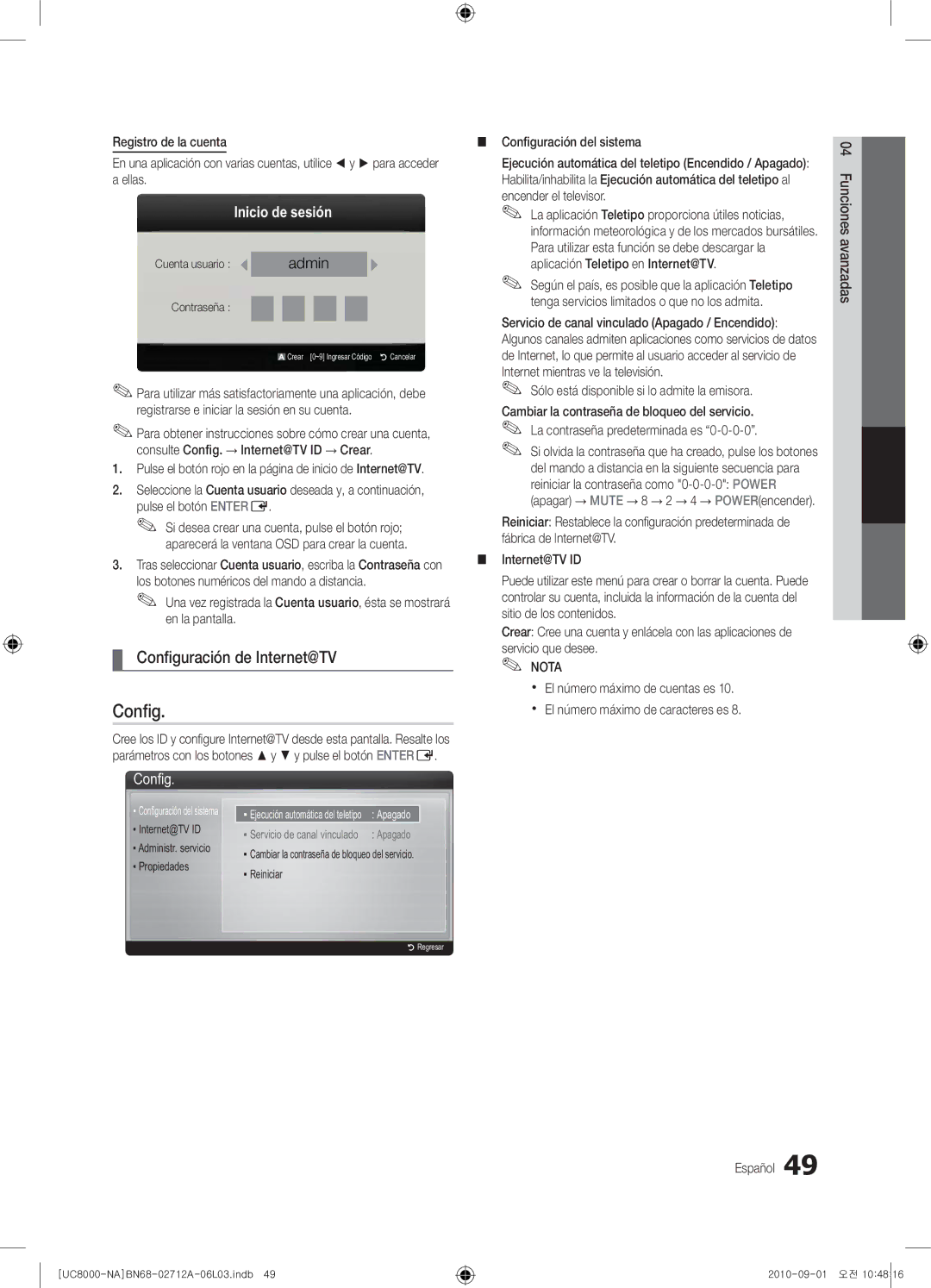 Samsung 8000 user manual Conﬁguración de Internet@TV, Consulte Config. Internet@TV ID Crear 