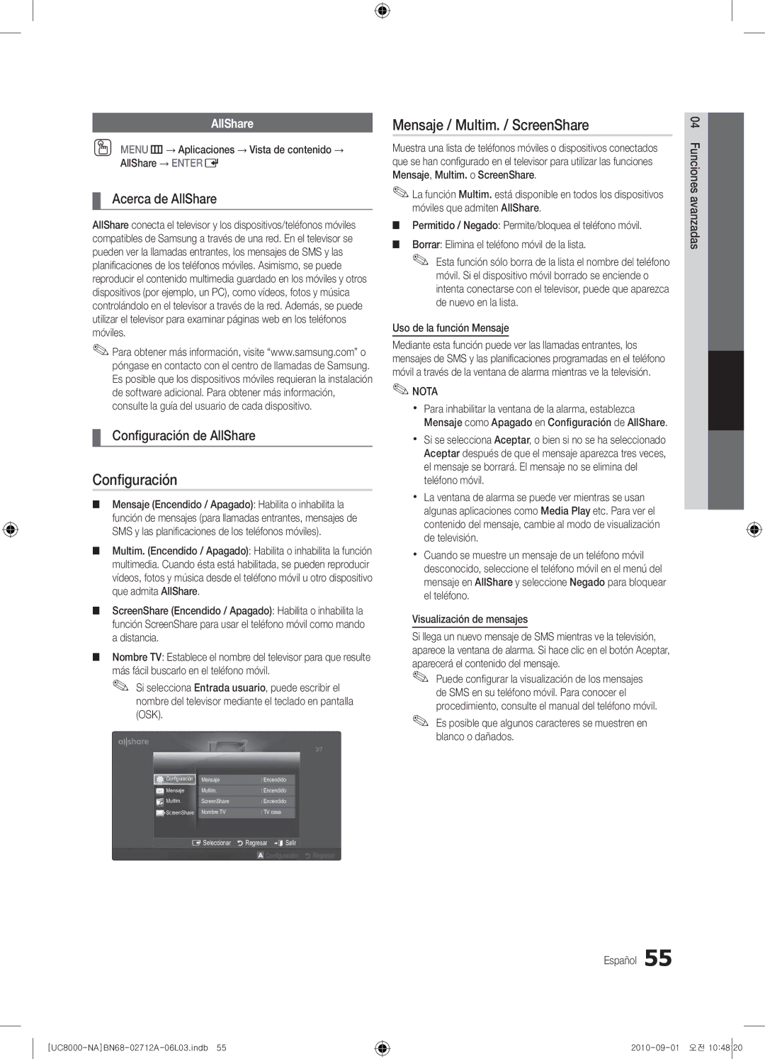 Samsung 8000 user manual Mensaje / Multim. / ScreenShare, Acerca de AllShare, Conﬁguración de AllShare 