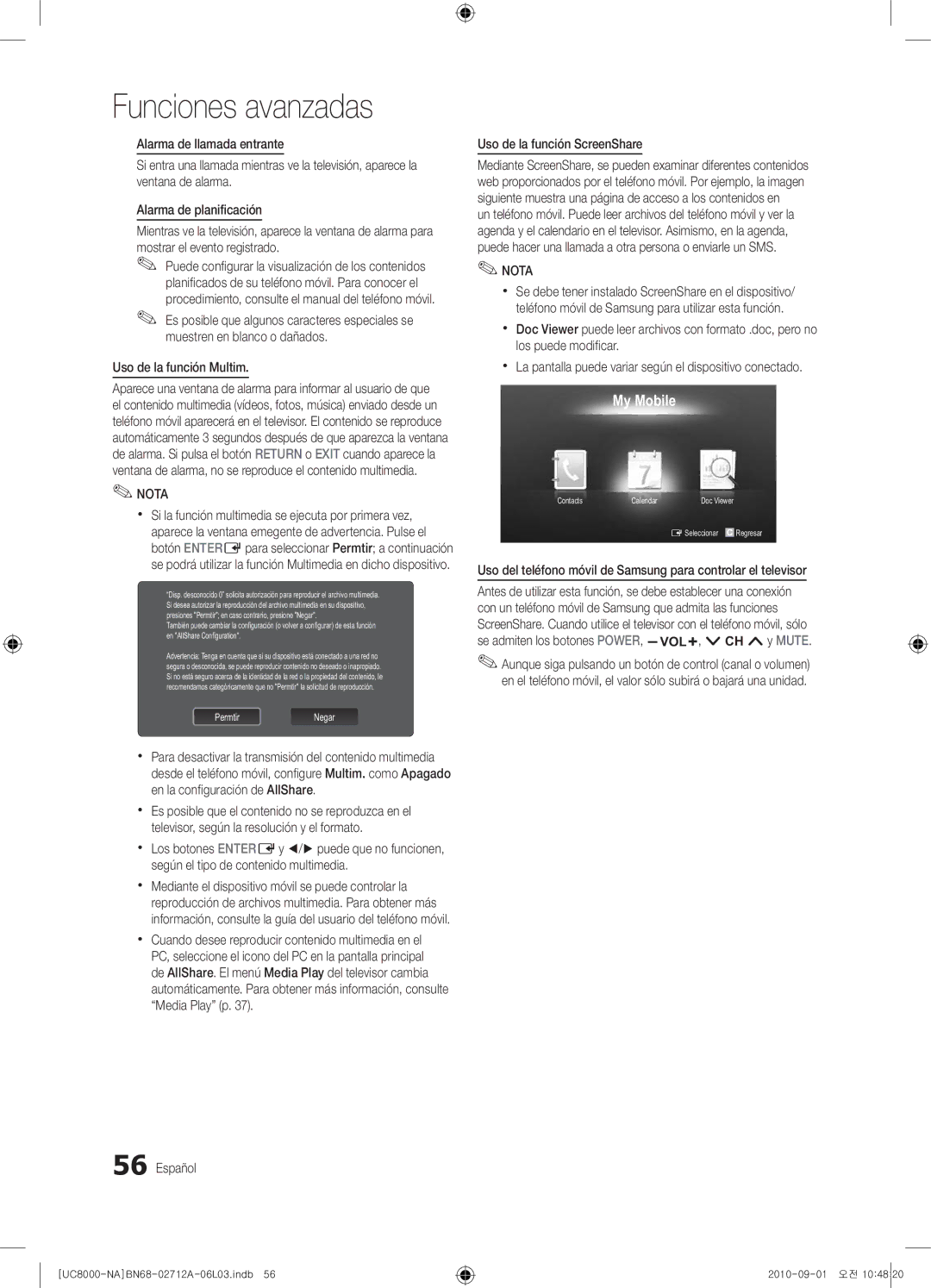 Samsung 8000 user manual Uso de la función Multim, Uso de la función ScreenShare 