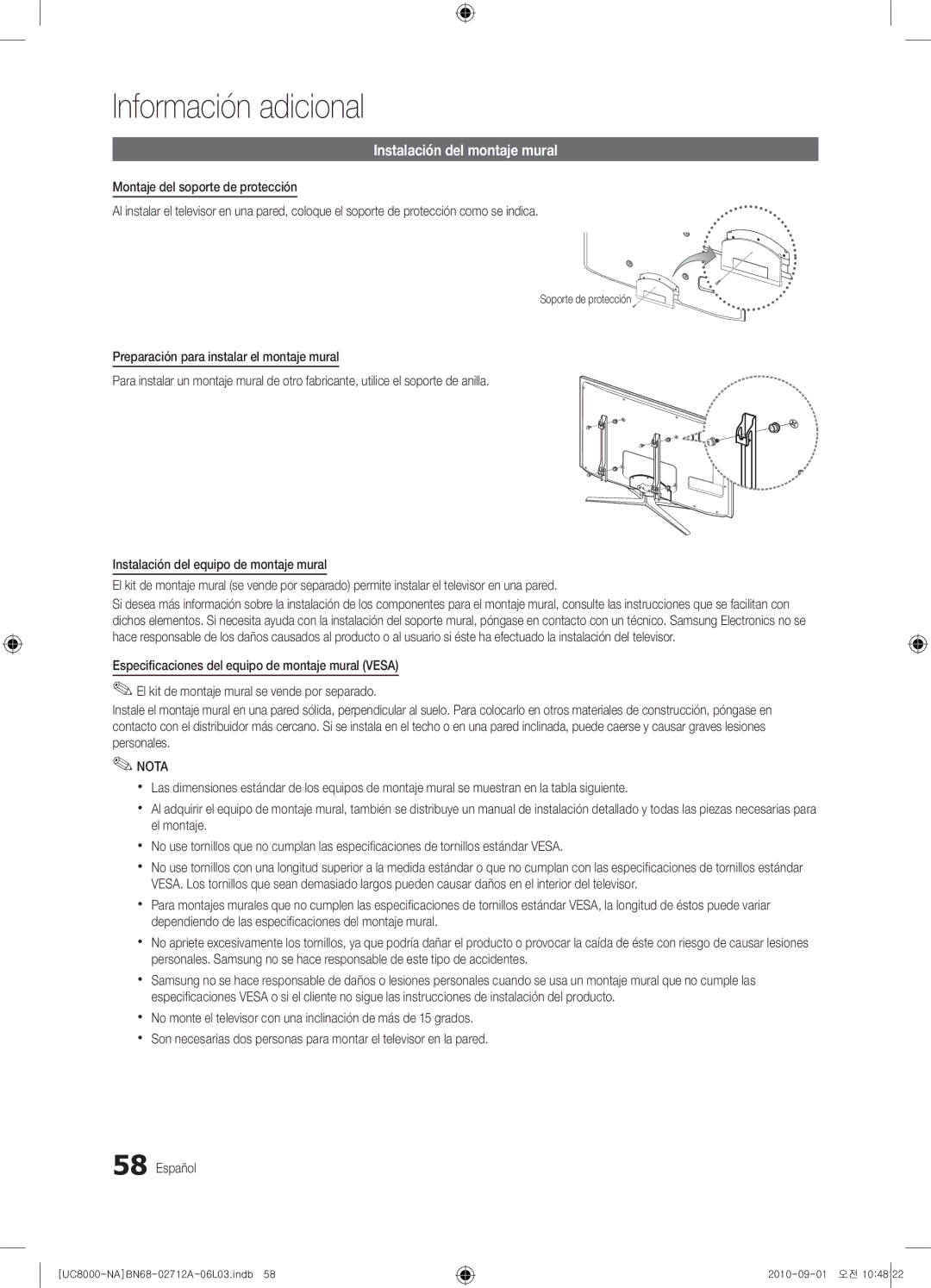 Samsung 8000 user manual Instalación del montaje mural, Soporte de protección 