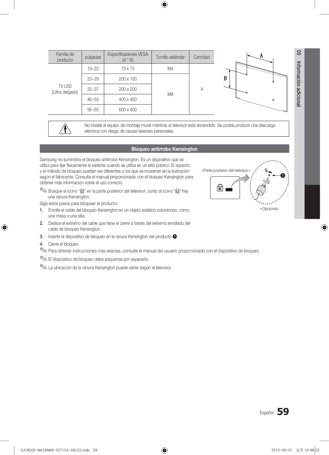 Samsung 8000 user manual Bloqueo antirrobo Kensington, Familia de, Cantidad 