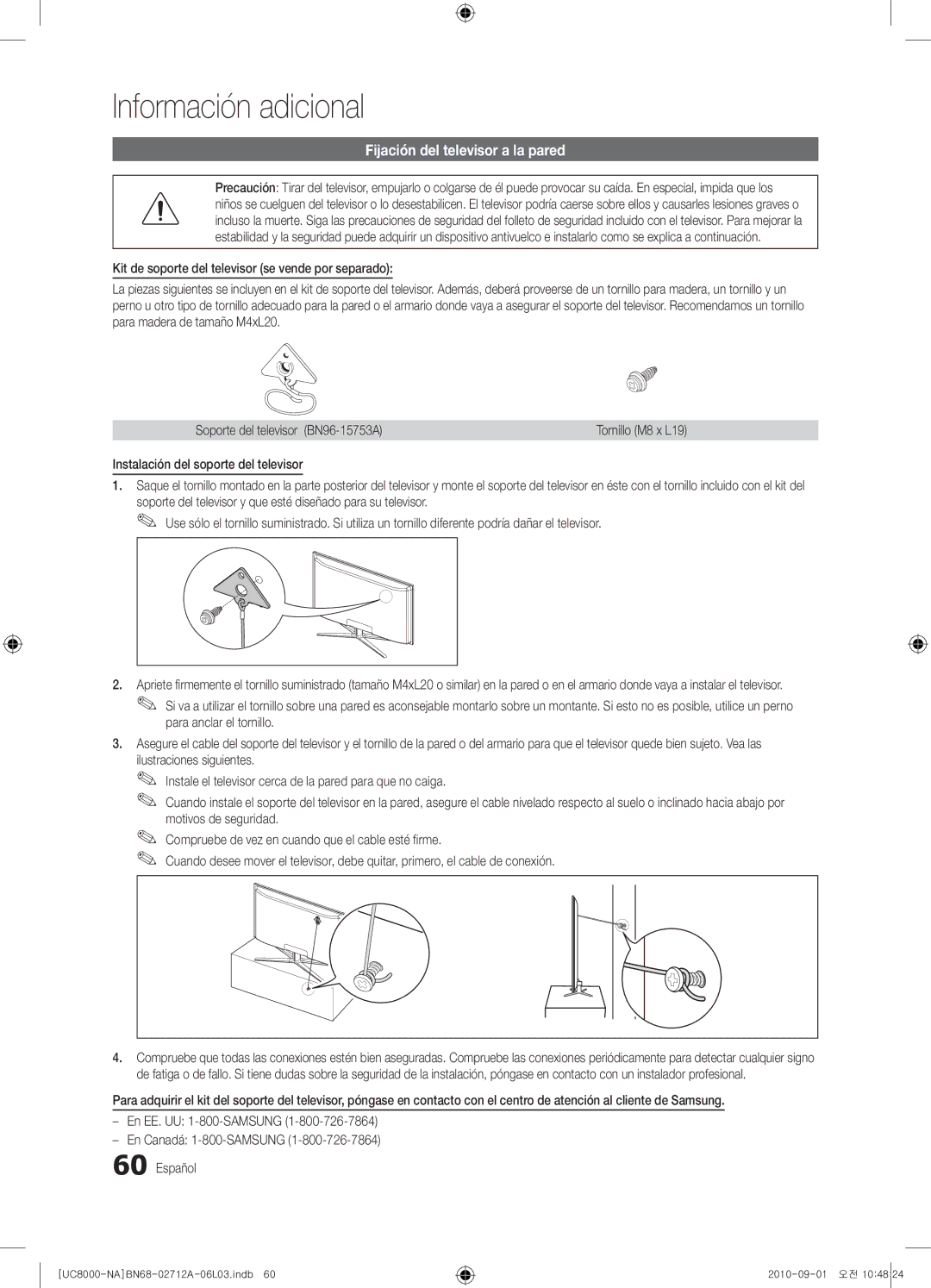 Samsung 8000 user manual Fijación del televisor a la pared, Instalación del soporte del televisor 