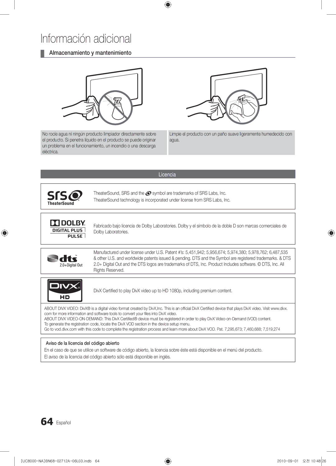 Samsung 8000 user manual Almacenamiento y mantenimiento, Licencia 