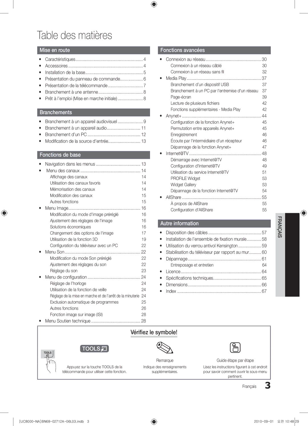 Samsung 8000 user manual Table des matières, Vériﬁez le symbole 