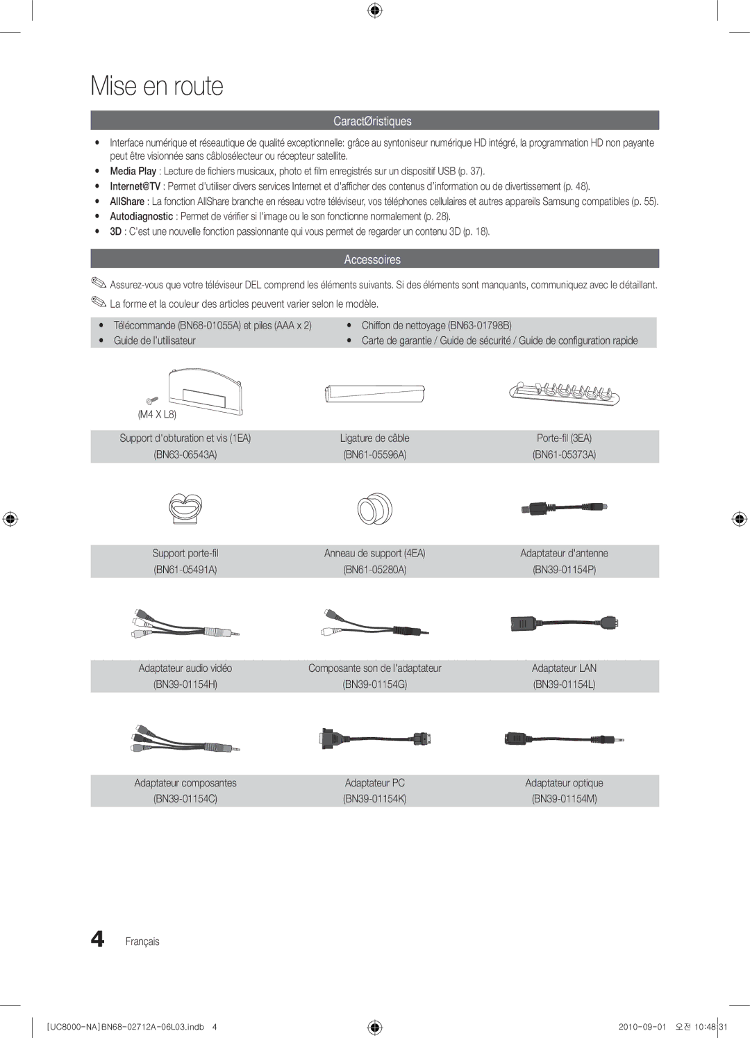 Samsung 8000 Mise en route, Caractéristiques, Accessoires, Chiffon de nettoyage BN63-01798B, Guide de l’utilisateur 