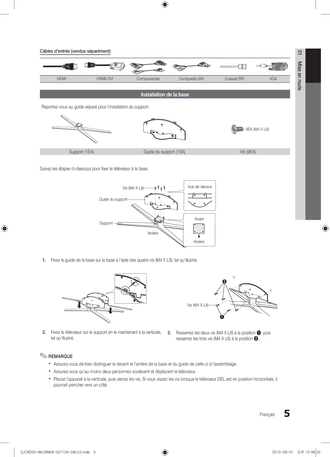 Samsung 8000 user manual Installation de la base, Câbles dentrée vendus séparément, Support 1EA, Vis 9EA 