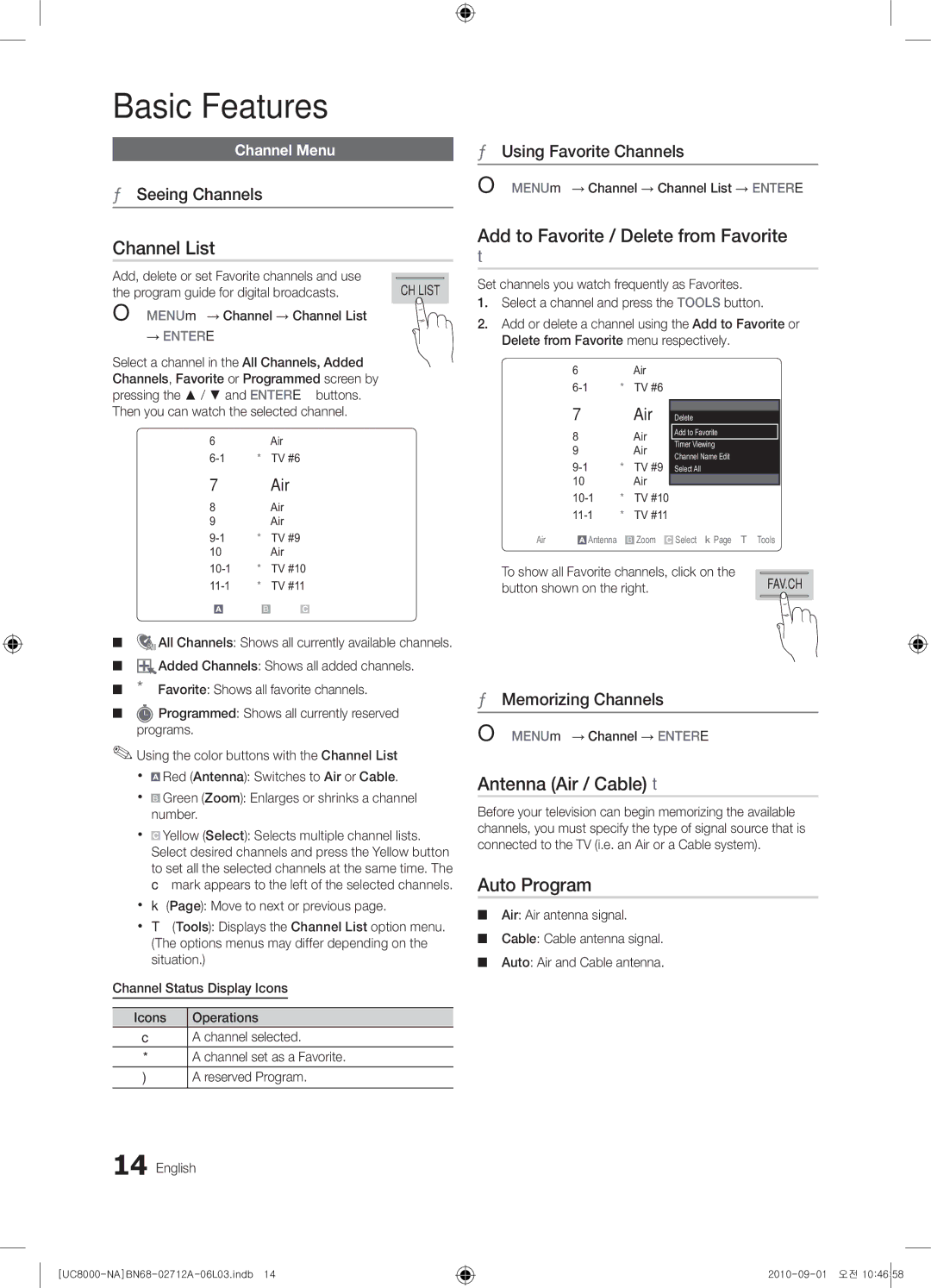 Samsung 8000 user manual Channel List, Add to Favorite / Delete from Favorite, Antenna Air / Cable t, Auto Program 