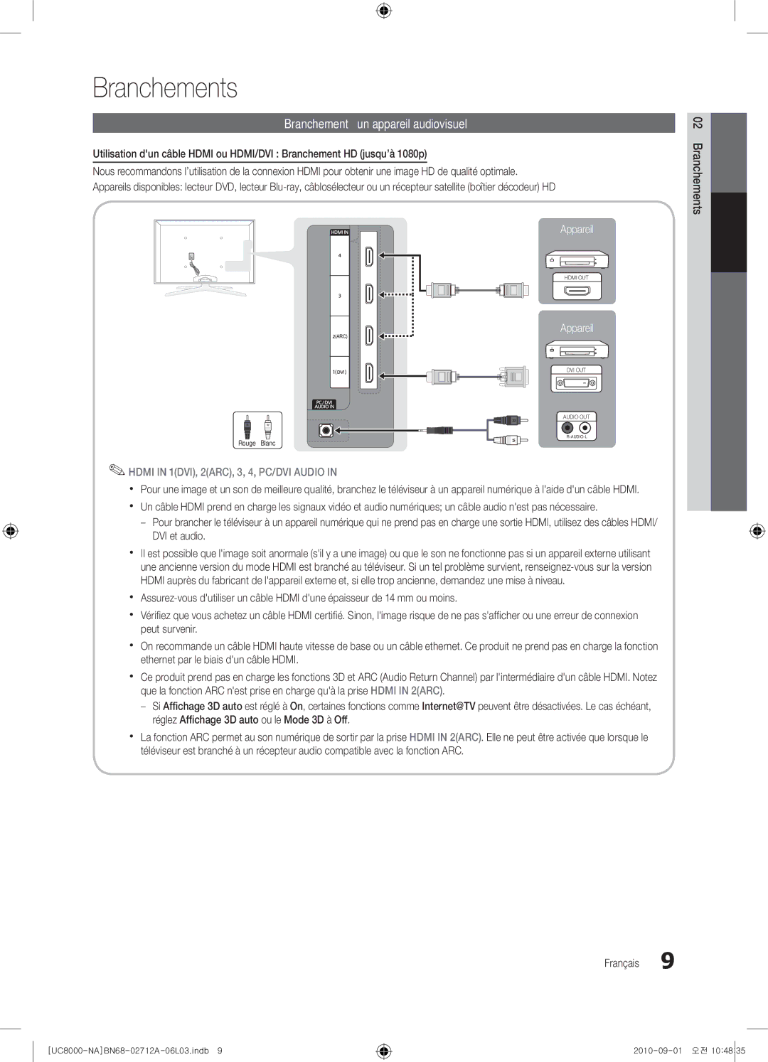 Samsung 8000 user manual Branchements, Branchement à un appareil audiovisuel 