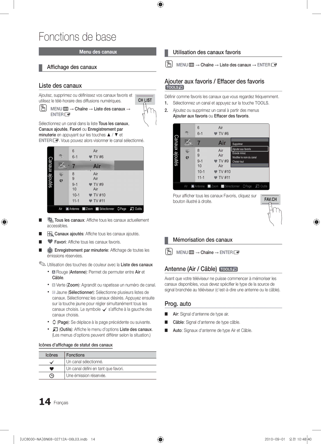 Samsung 8000 user manual Liste des canaux, Ajouter aux favoris / Effacer des favoris, Antenne Air / Câble t 