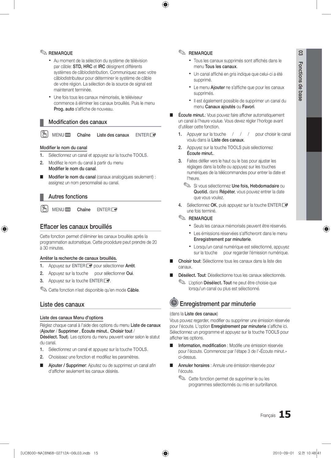 Samsung 8000 Effacer les canaux brouillés, Enregistrement par minuterie, Modiﬁcation des canaux, Autres fonctions 