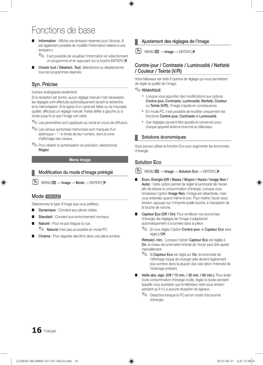 Samsung 8000 user manual Syn. Précise, Solution Eco, Ajustement des réglages de limage, Solutions économiques 