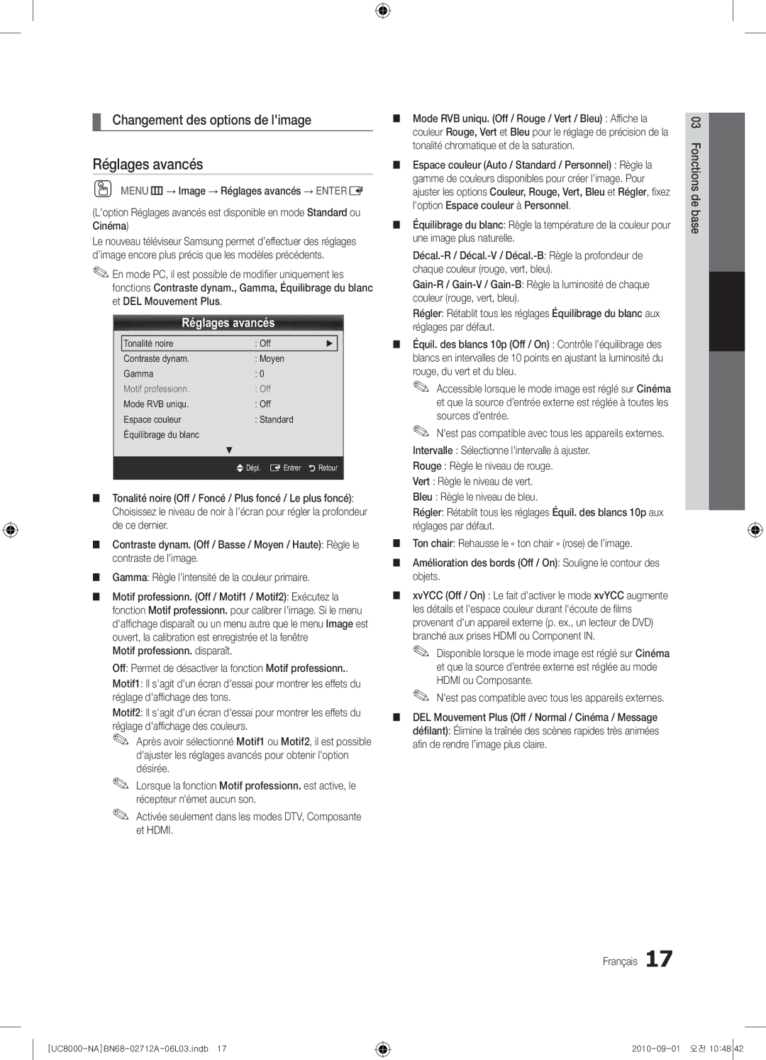 Samsung 8000 user manual Réglages avancés, Changement des options de limage, Motif professionn. disparaît 