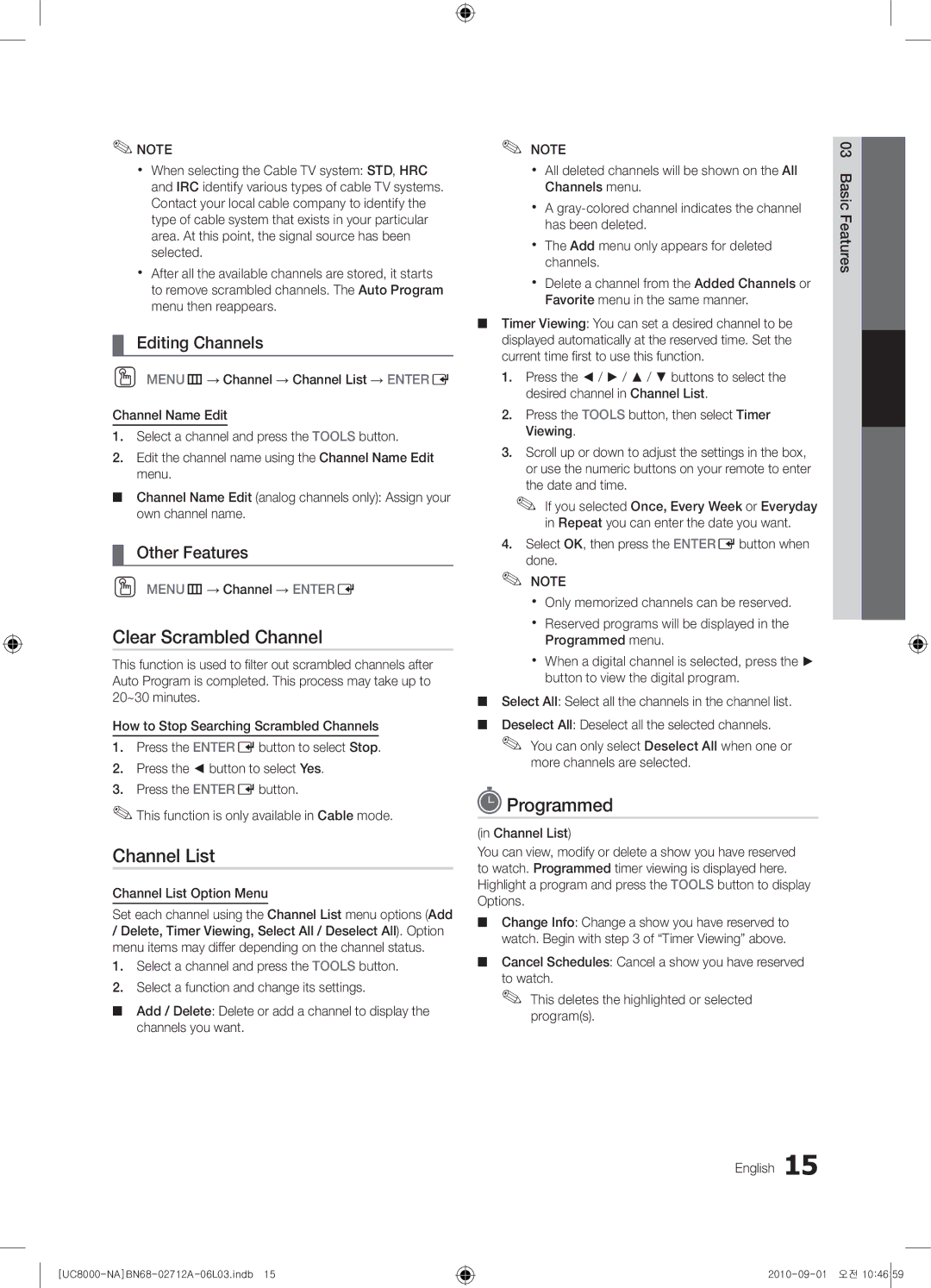 Samsung 8000 user manual Clear Scrambled Channel, Programmed, Editing Channels, Other Features 