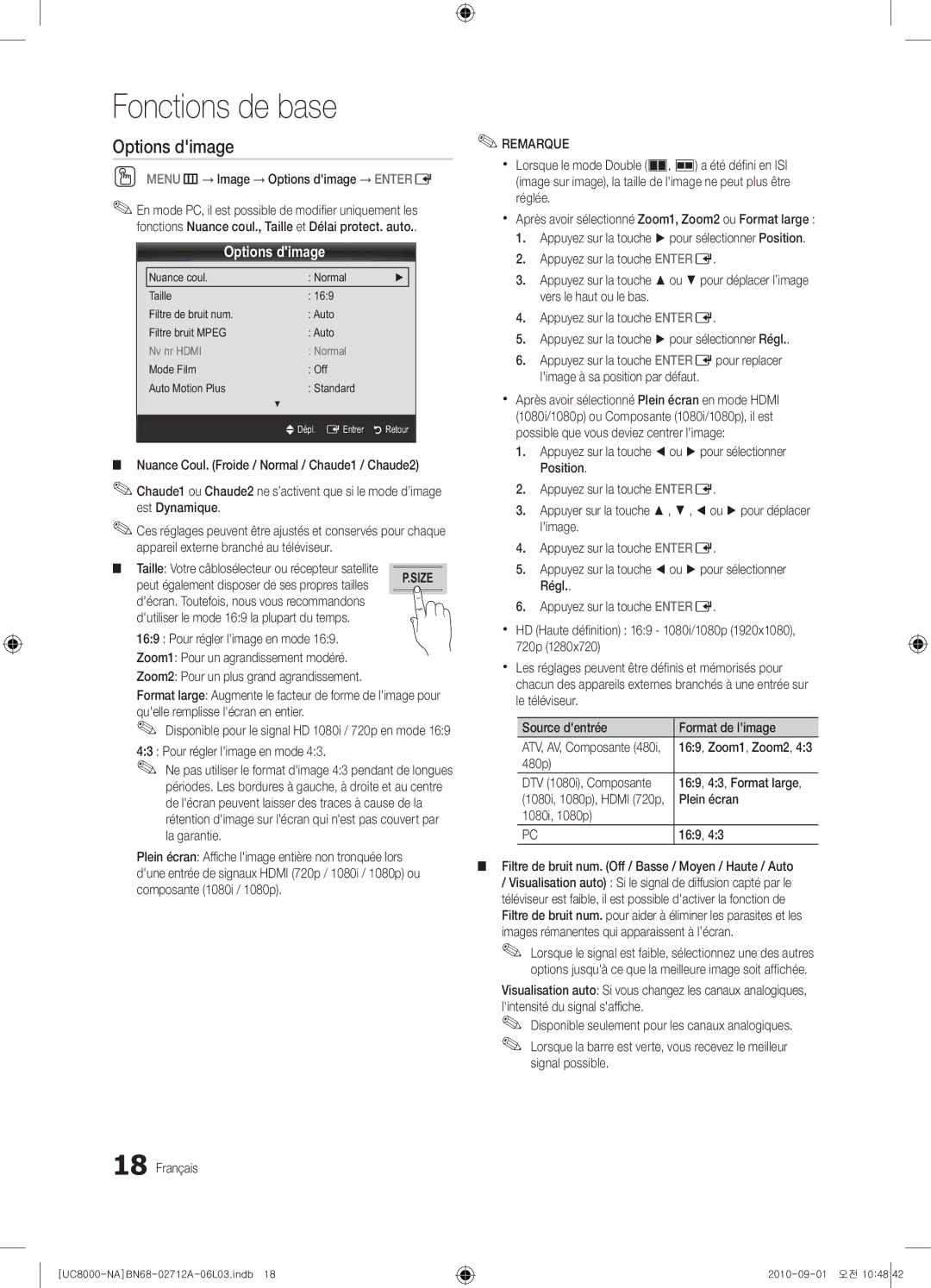 Samsung 8000 user manual MENUm Image Options dimage Entere, 480p, Plein écran 