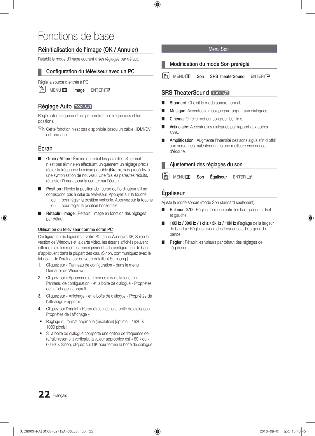 Samsung 8000 user manual Réglage Auto t, Écran, Égaliseur 