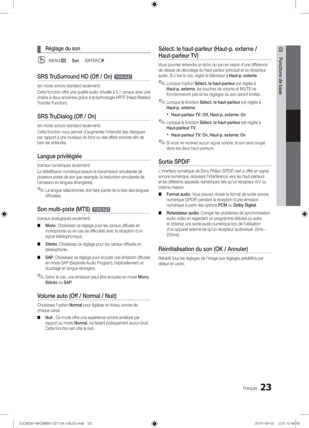 Samsung 8000 user manual Langue privilégiée, Son multi-piste MTS t, Volume auto Off / Normal / Nuit, Sortie Spdif 