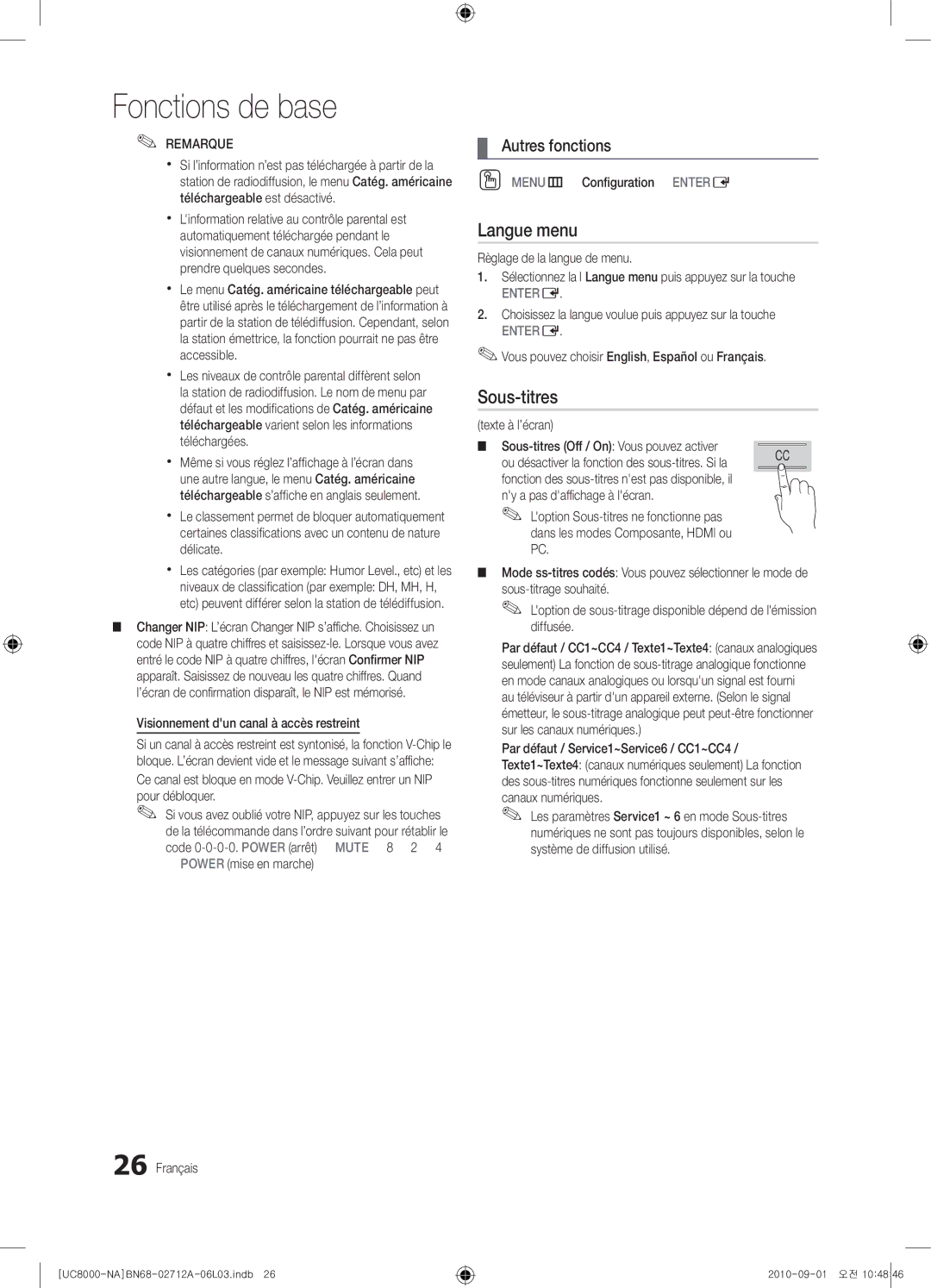 Samsung 8000 user manual Langue menu, Sous-titres 