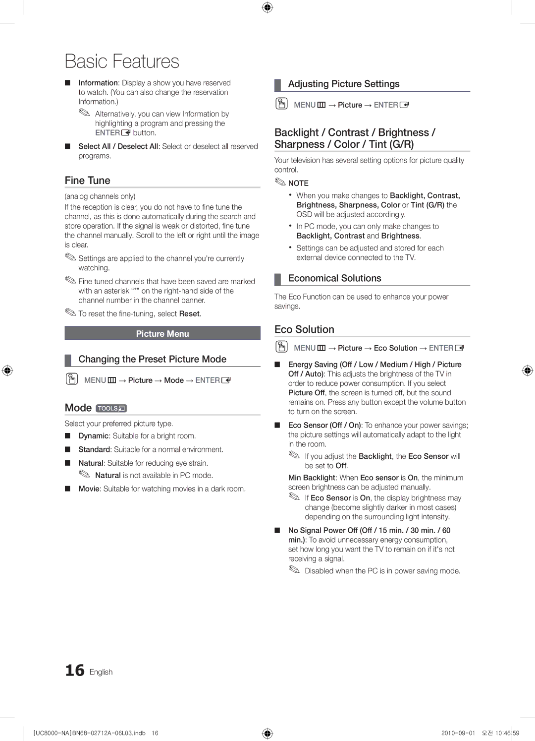 Samsung 8000 user manual Fine Tune, Mode t, Eco Solution 