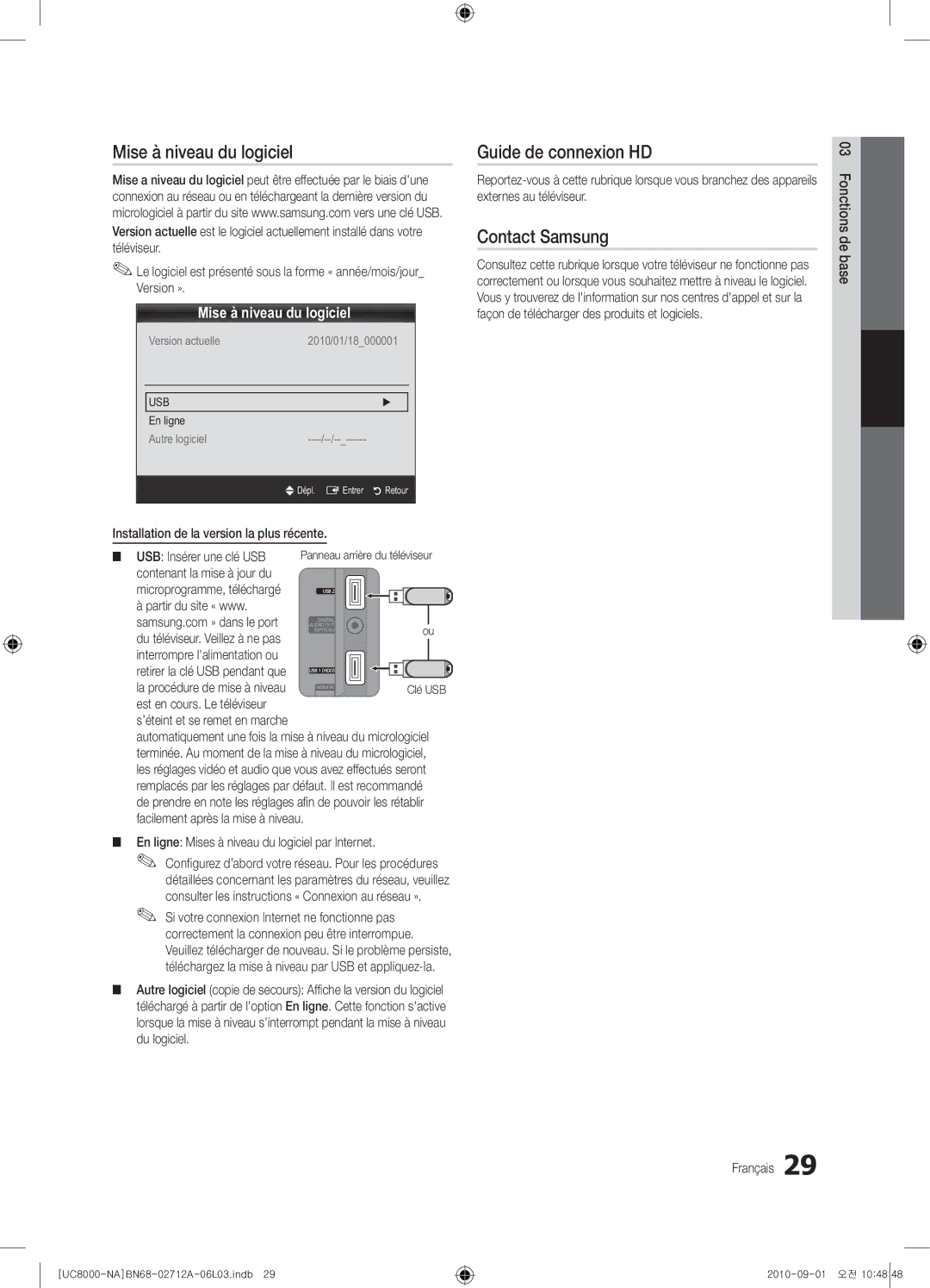 Samsung 8000 user manual Mise à niveau du logiciel, Guide de connexion HD, Installation de la version la plus récente 