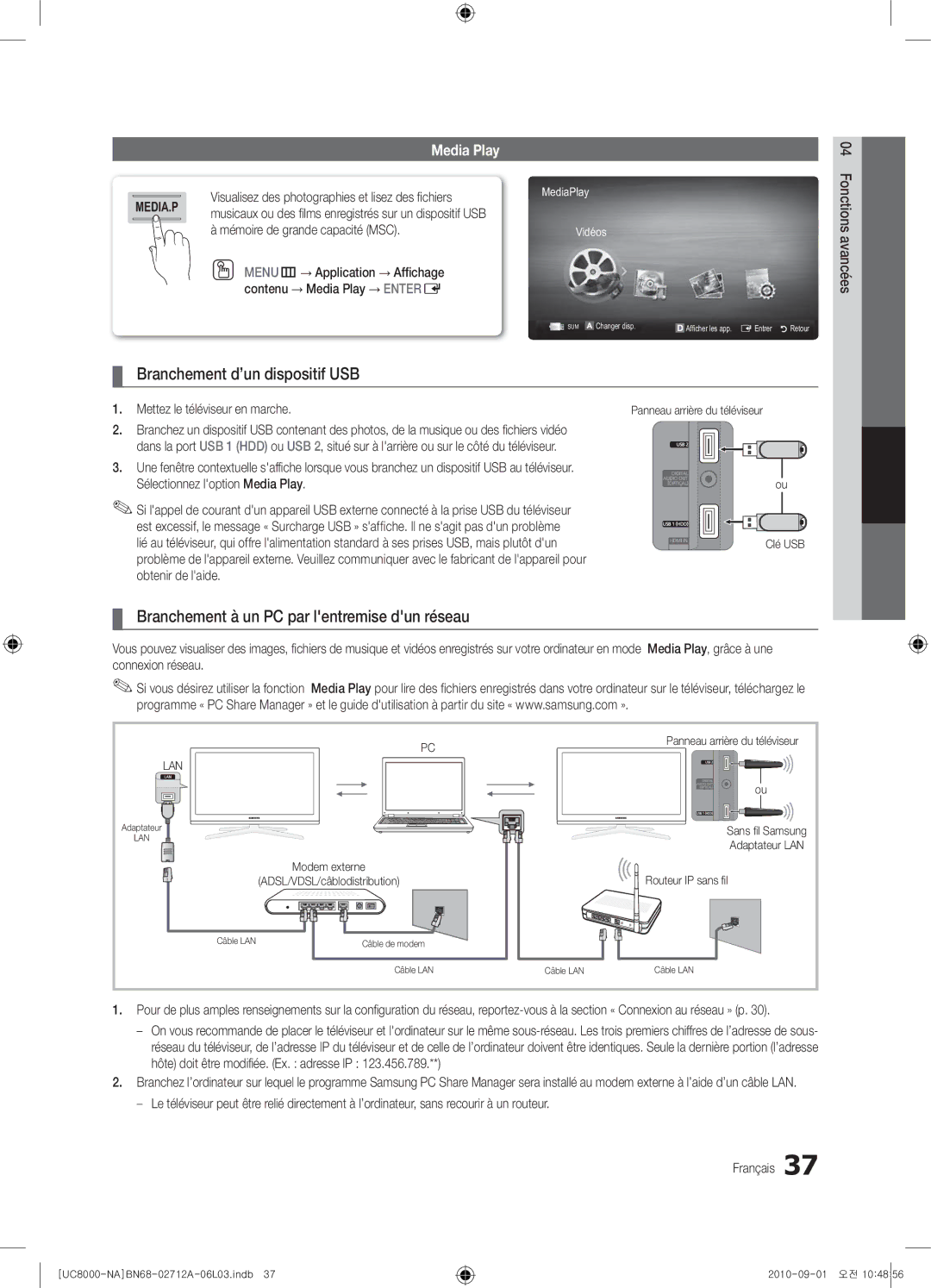 Samsung 8000 Branchement d’un dispositif USB, Branchement à un PC par lentremise dun réseau, Routeur IP sans ﬁ l 