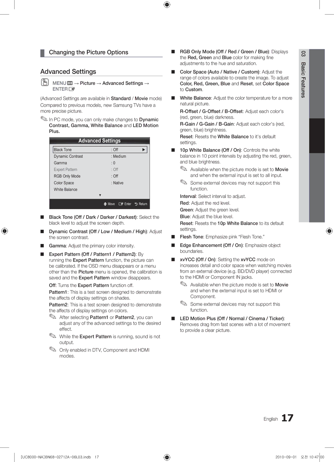 Samsung 8000 user manual Advanced Settings, Changing the Picture Options 