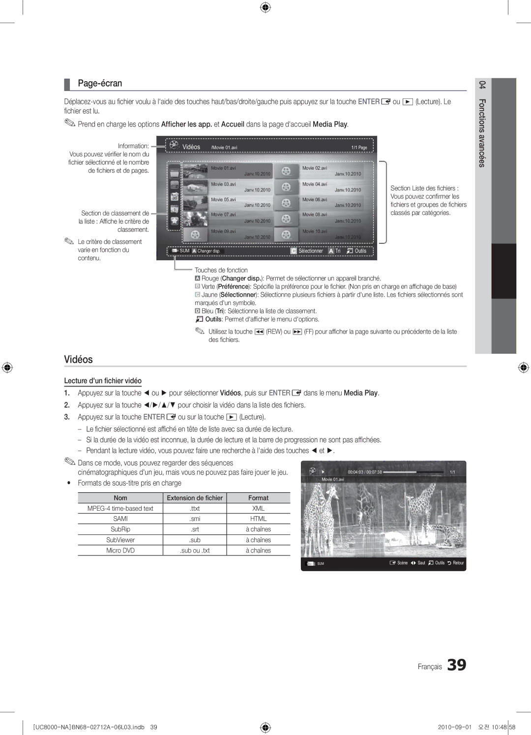 Samsung 8000 user manual Vidéos, Page-écran, Pour choisir la vidéo dans la liste des ﬁchiers, Lecture 