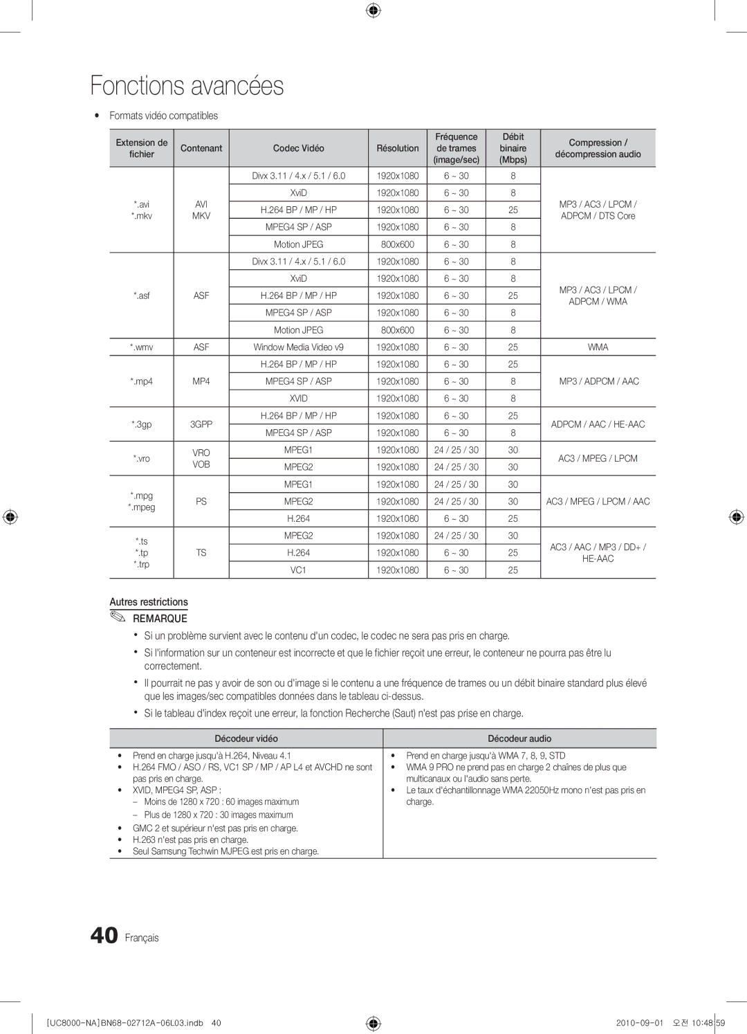 Samsung 8000 user manual Formats vidéo compatibles, Autres restrictions, Extension de Fréquence Débit Compression 