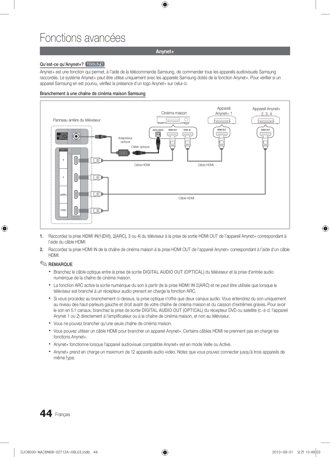 Samsung 8000 user manual Qu’est-ce qu’Anynet+? t, Branchement à une chaîne de cinéma maison Samsung, Cinéma maison 