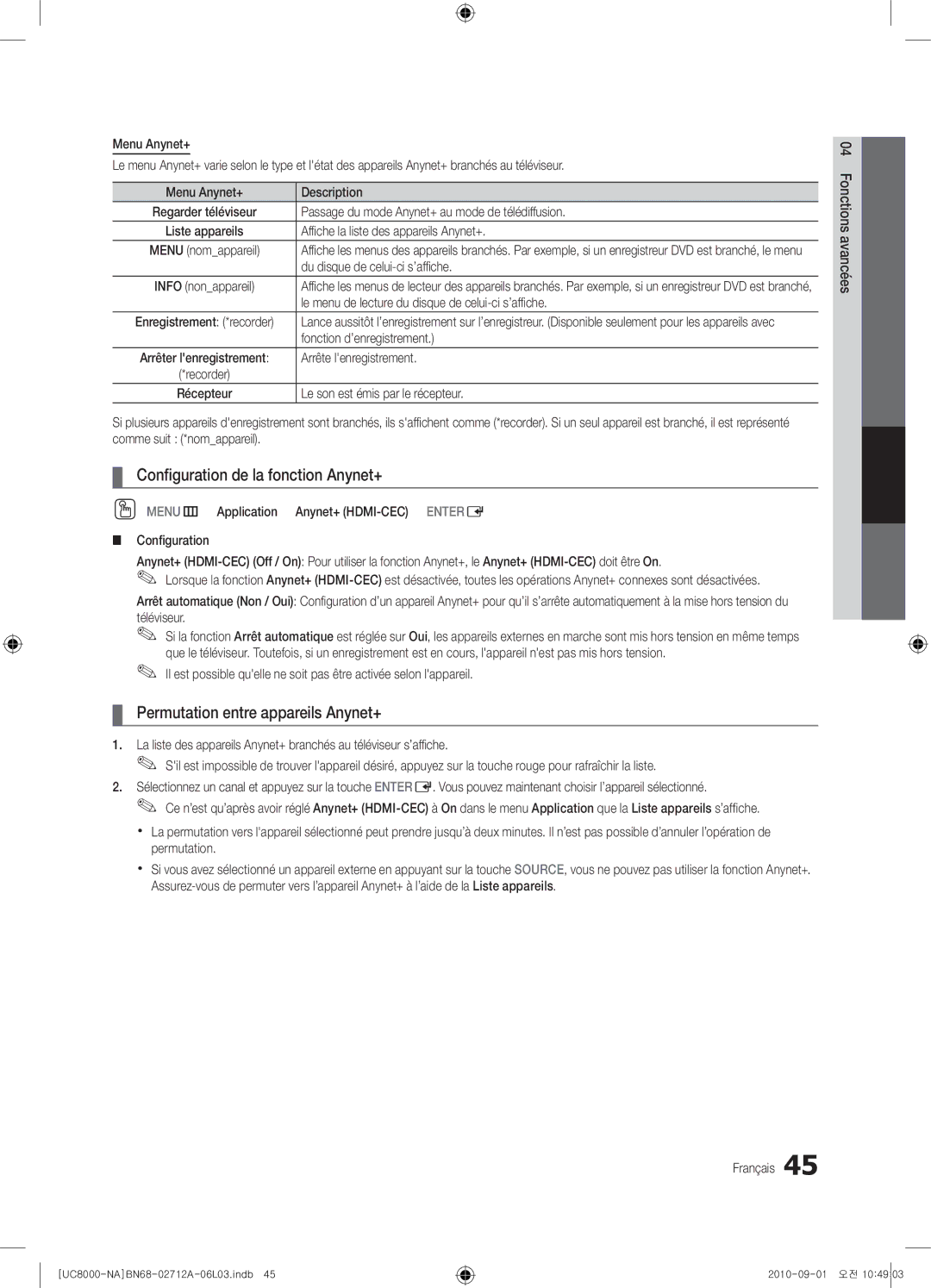 Samsung 8000 user manual Conﬁguration de la fonction Anynet+, Permutation entre appareils Anynet+ 