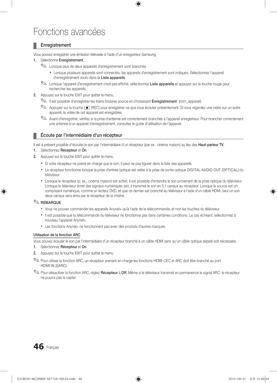 Samsung 8000 user manual Enregistrement, Écoute par lintermédiaire dun récepteur 