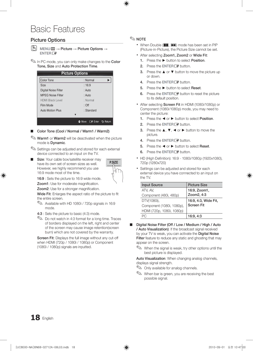 Samsung 8000 user manual Picture Options 