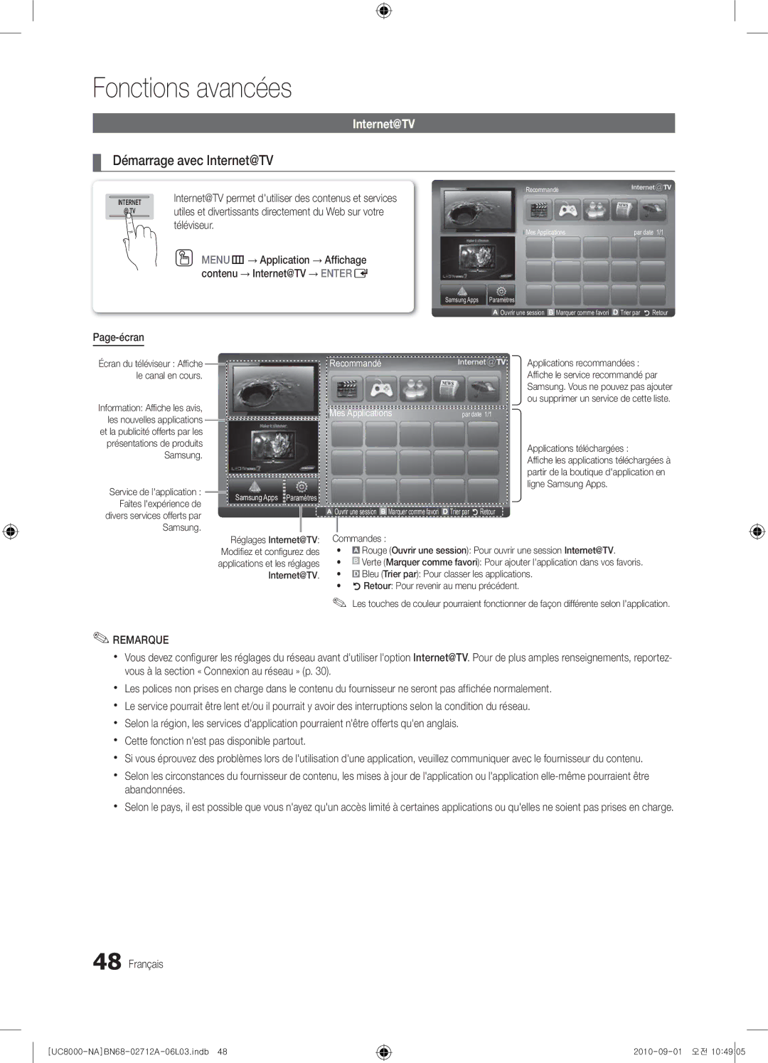 Samsung 8000 user manual Démarrage avec Internet@TV, MENUm Application Afﬁchage Contenu Internet@TV Entere, Page-écran 