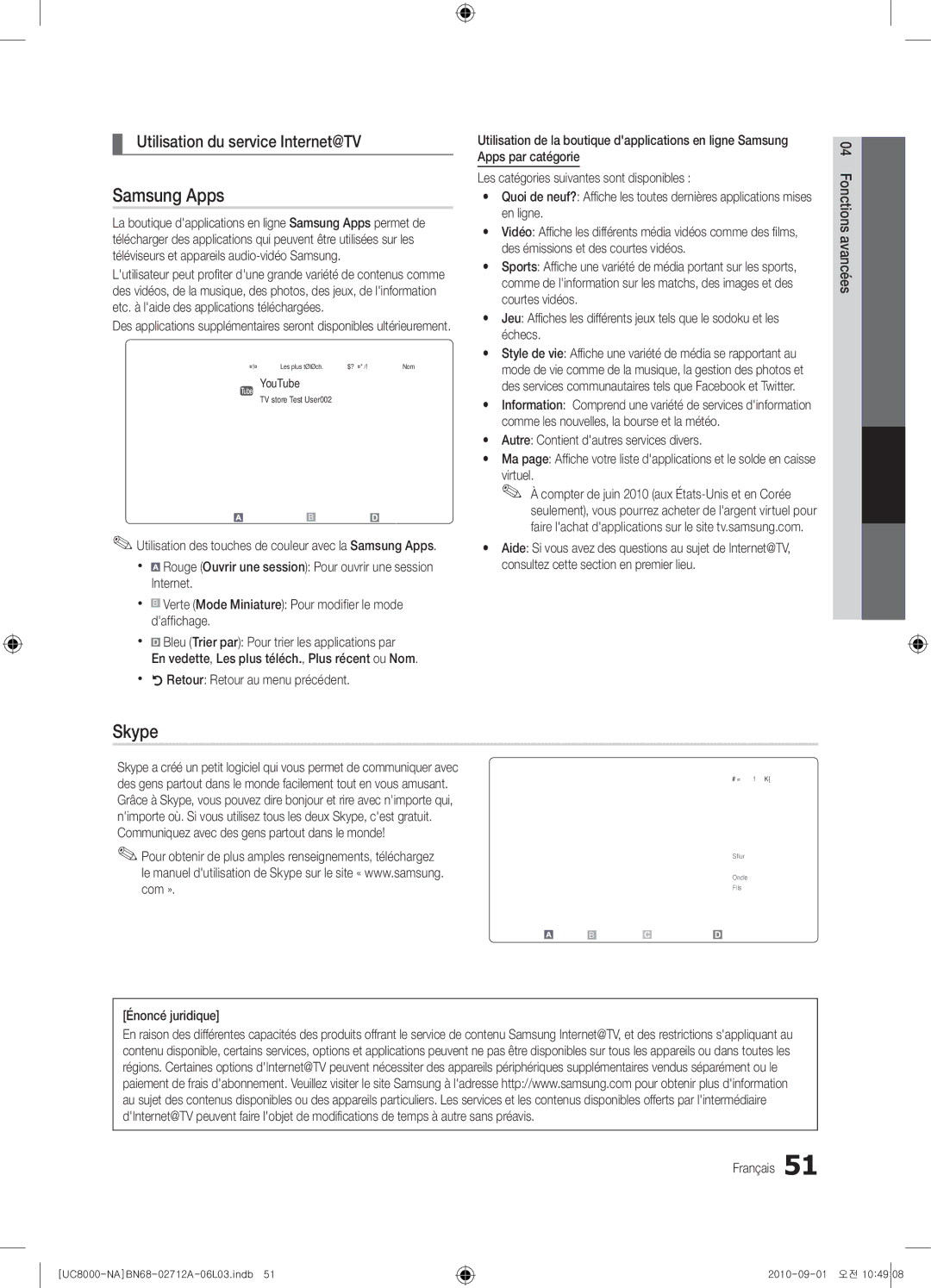 Samsung 8000 user manual Utilisation du service Internet@TV 