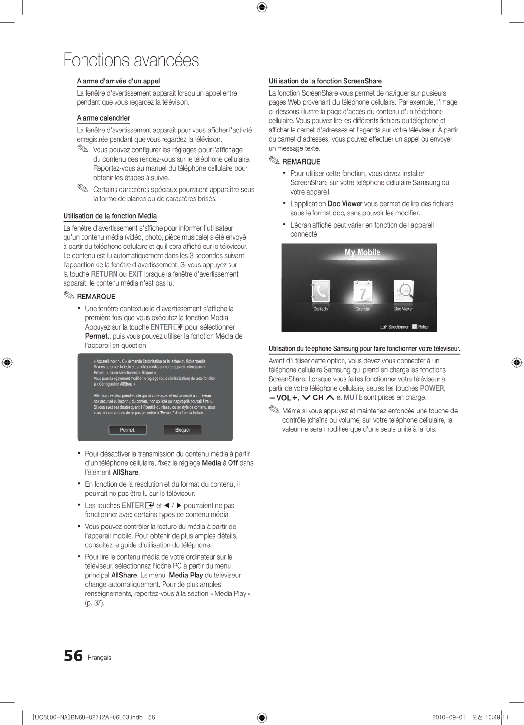 Samsung 8000 user manual Alarme darrivée dun appel, Alarme calendrier, Utilisation de la fonction Media 