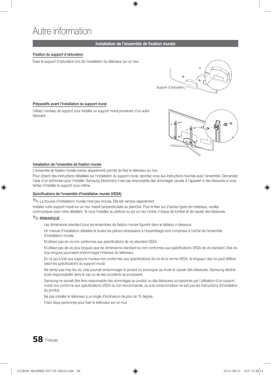 Samsung 8000 user manual Installation de l’ensemble de ﬁxation murale, Support dobturation 