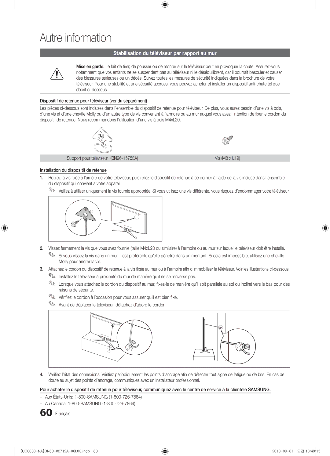 Samsung 8000 Stabilisation du téléviseur par rapport au mur, Dispositif de retenue pour téléviseur vendu séparément 