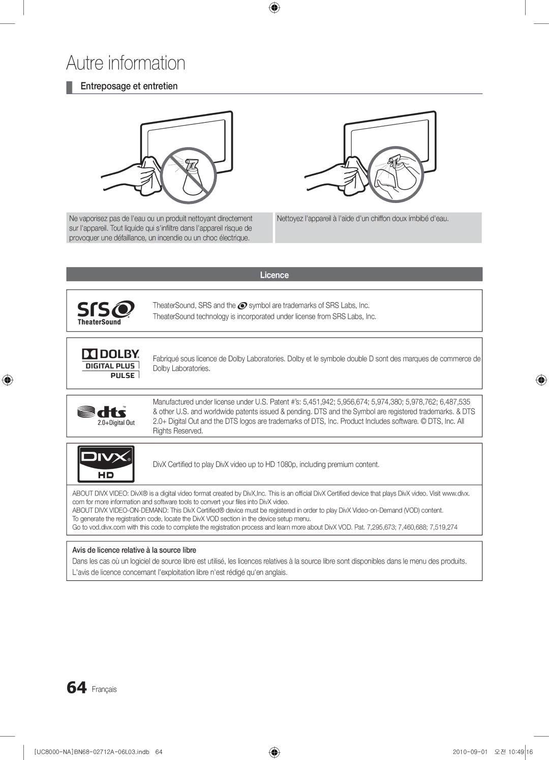 Samsung 8000 user manual Entreposage et entretien, Licence, Nettoyez lappareil à laide dun chiffon doux imbibé deau 